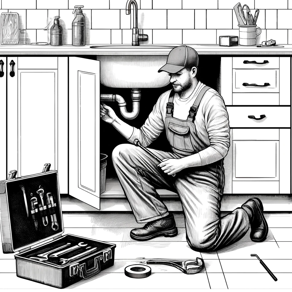 Jak znaleźć dobrego hydraulika w Warszawie? 1 dall·e 2024 06 06 002116 a black and white drawing of a plumber in warsaw the plumber is wearing overalls and a cap fixing a leaking pipe under a kitchen sink the kitchen h