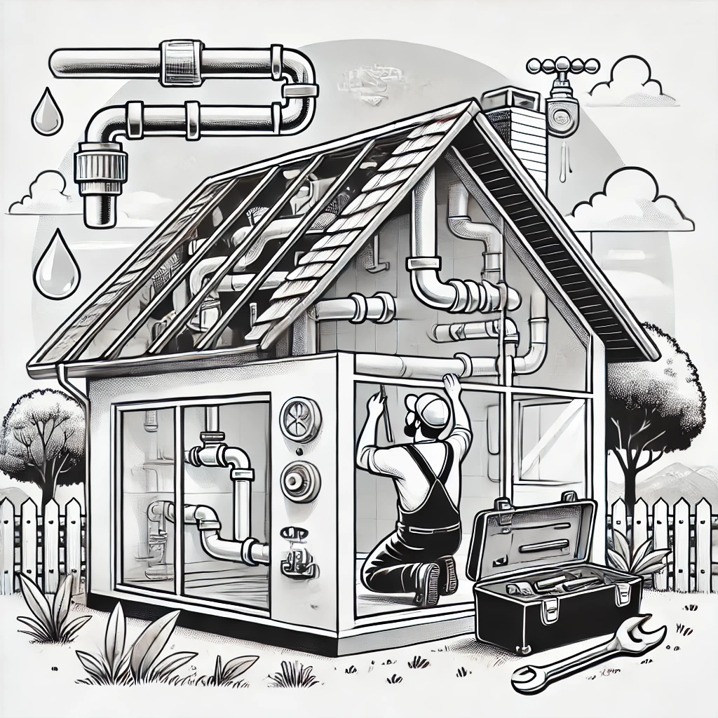 Usługi Hydrauliczne: Niezbędne na Rynku 1 dall·e 2024 07 23 200237 a black and white illustration for a blog post about essential plumbing services the image includes a house with visible plumbing elements such as pi