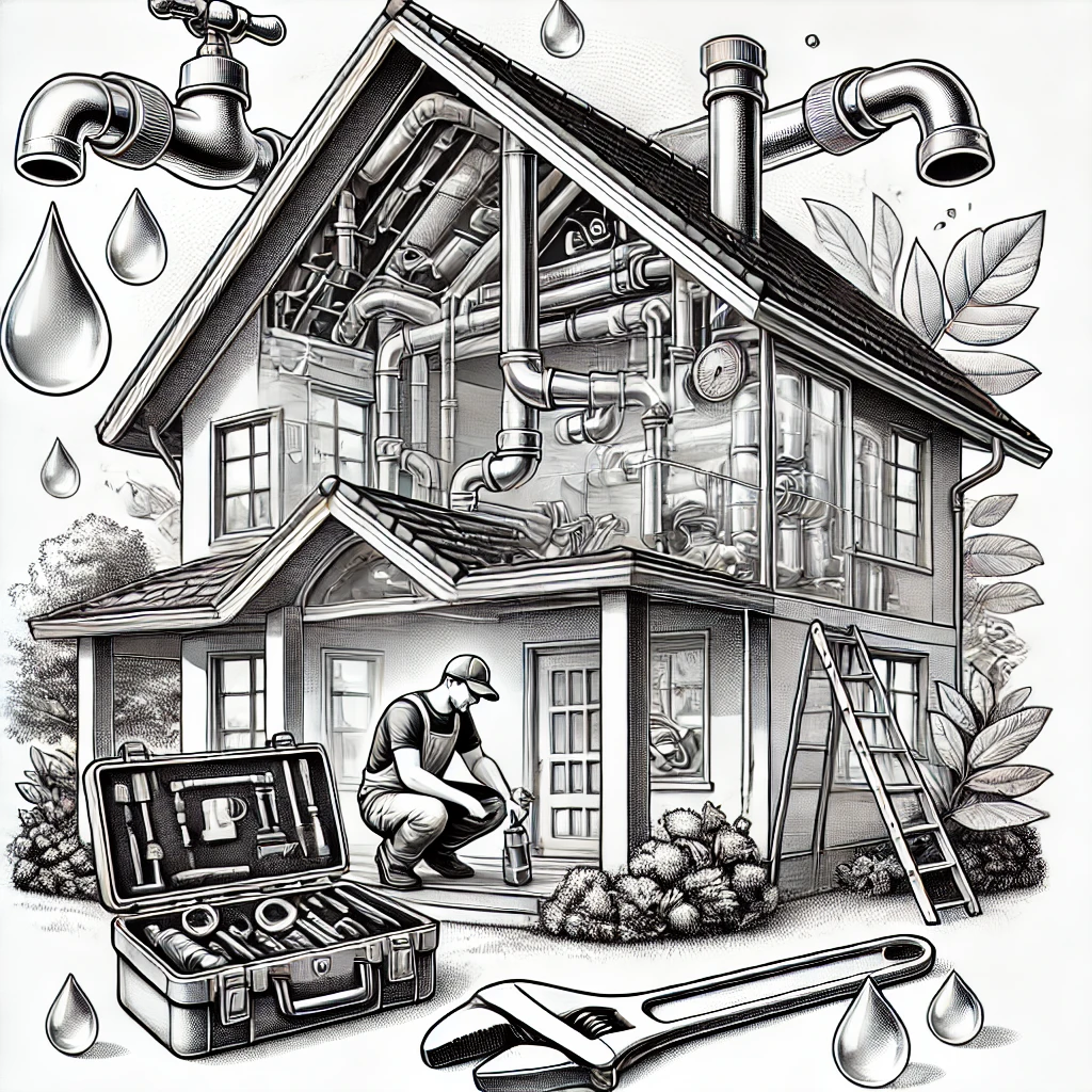 5 Powodów, Dlaczego Regularne Przeglądy Instalacji Hydraulicznych Są Niezbędne 1 dall·e 2024 07 23 201841 a detailed illustration for a blog post about essential plumbing services the image includes a house with visible plumbing elements such as pipes a
