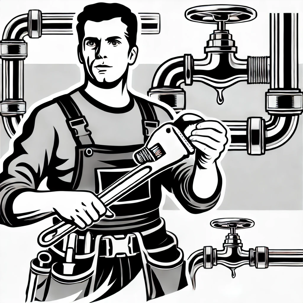 Hydraulik Warszawa - Szybkie i Skuteczne Rozwiązania Awarii 1 dall·e 2024 08 25 104751 a black and white illustration of a plumber the image shows a plumber in work clothes holding a wrench and working on a pipe the plumber is depicte