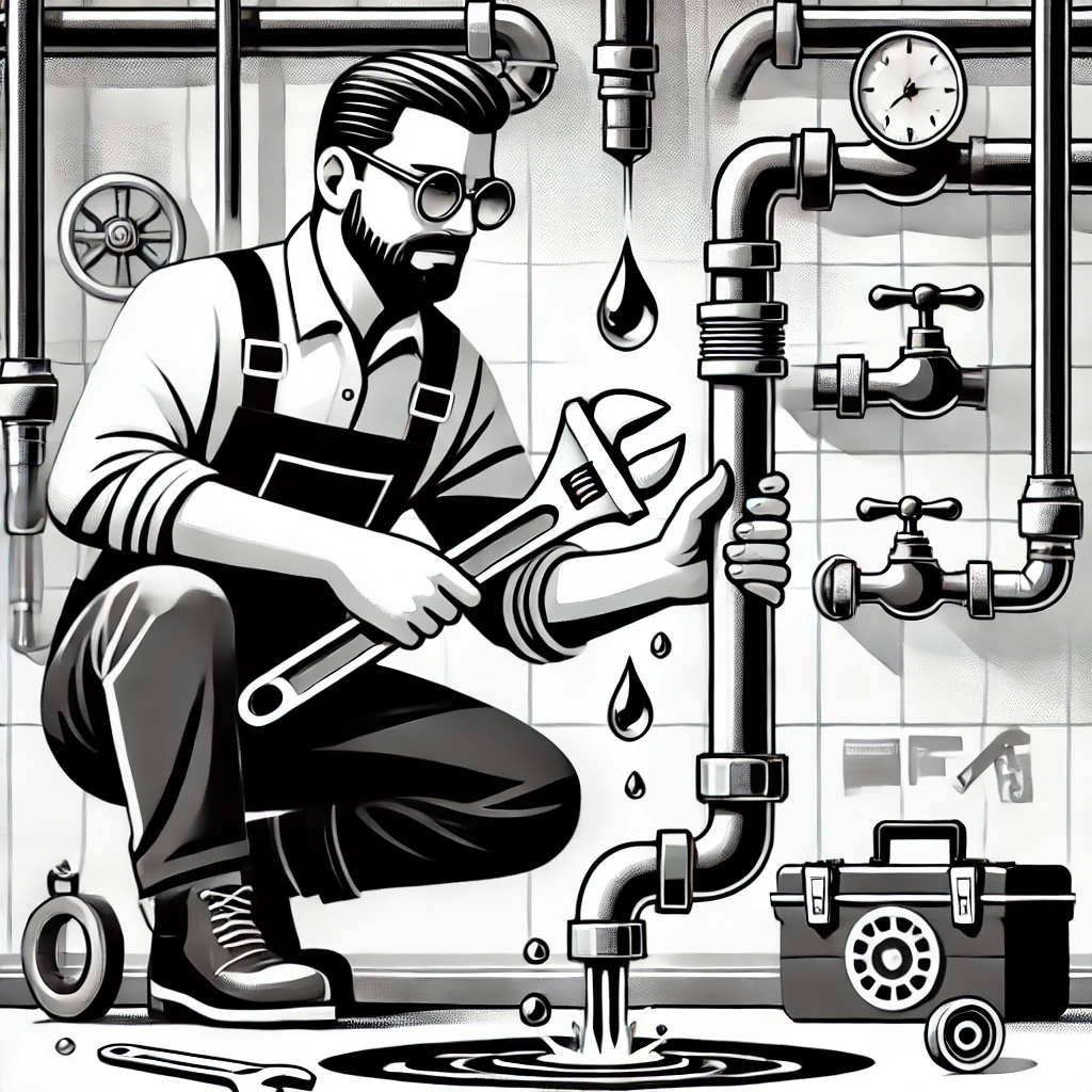 5 Sygnałów, że Potrzebujesz Profesjonalnego Hydraulika 1 dall·e 2024 08 26 223204 a black and white illustration for a blog post about plumbing problems the image features a plumber inspecting a leaking pipe with water droplets vi