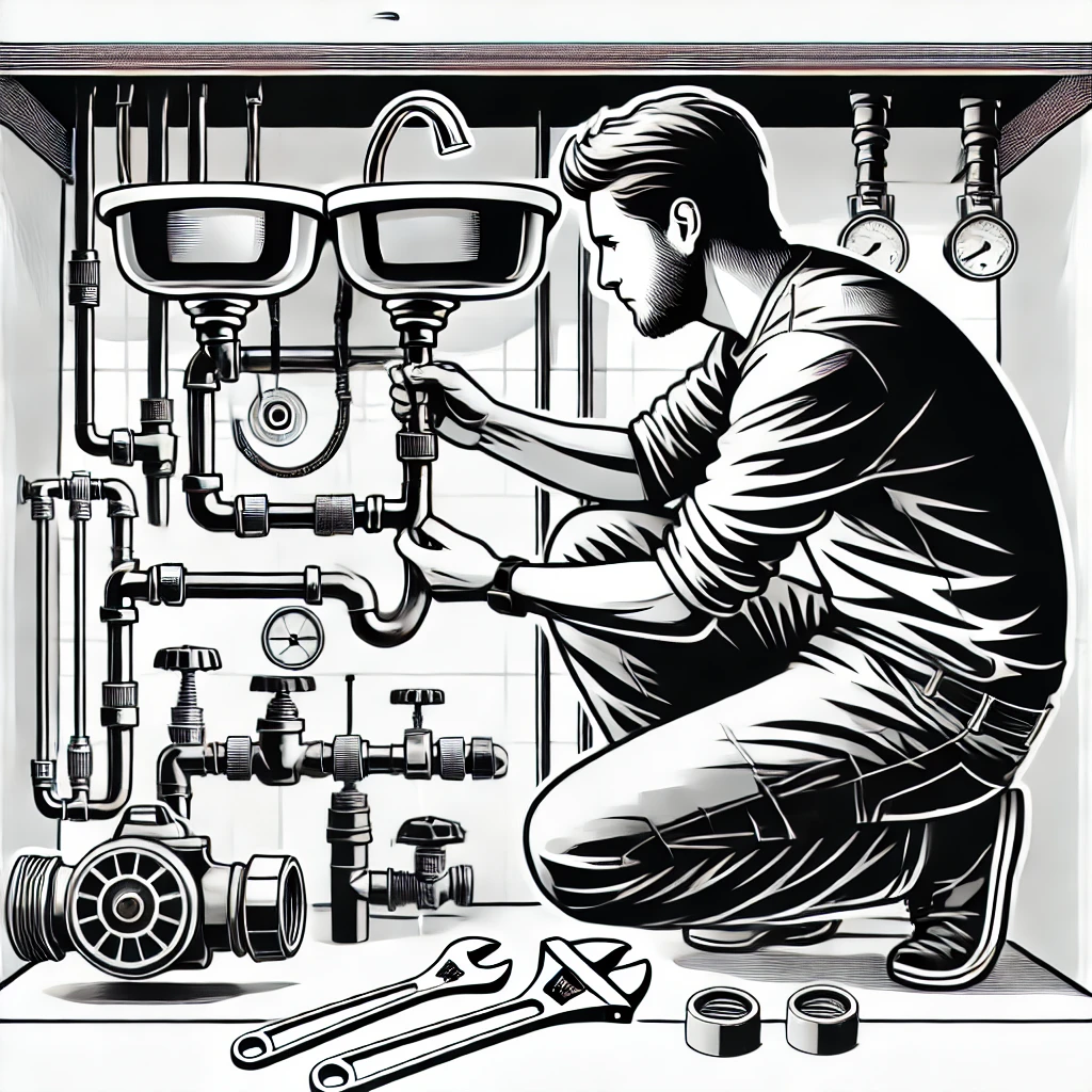 Jak Poprawić Ciśnienie Wody – Skuteczne Rozwiązania 1 dall·e 2024 09 04 204818 a black and white illustration of a person fixing low water pressure in a sink the image shows a plumber inspecting a faucet and pipes with tools li