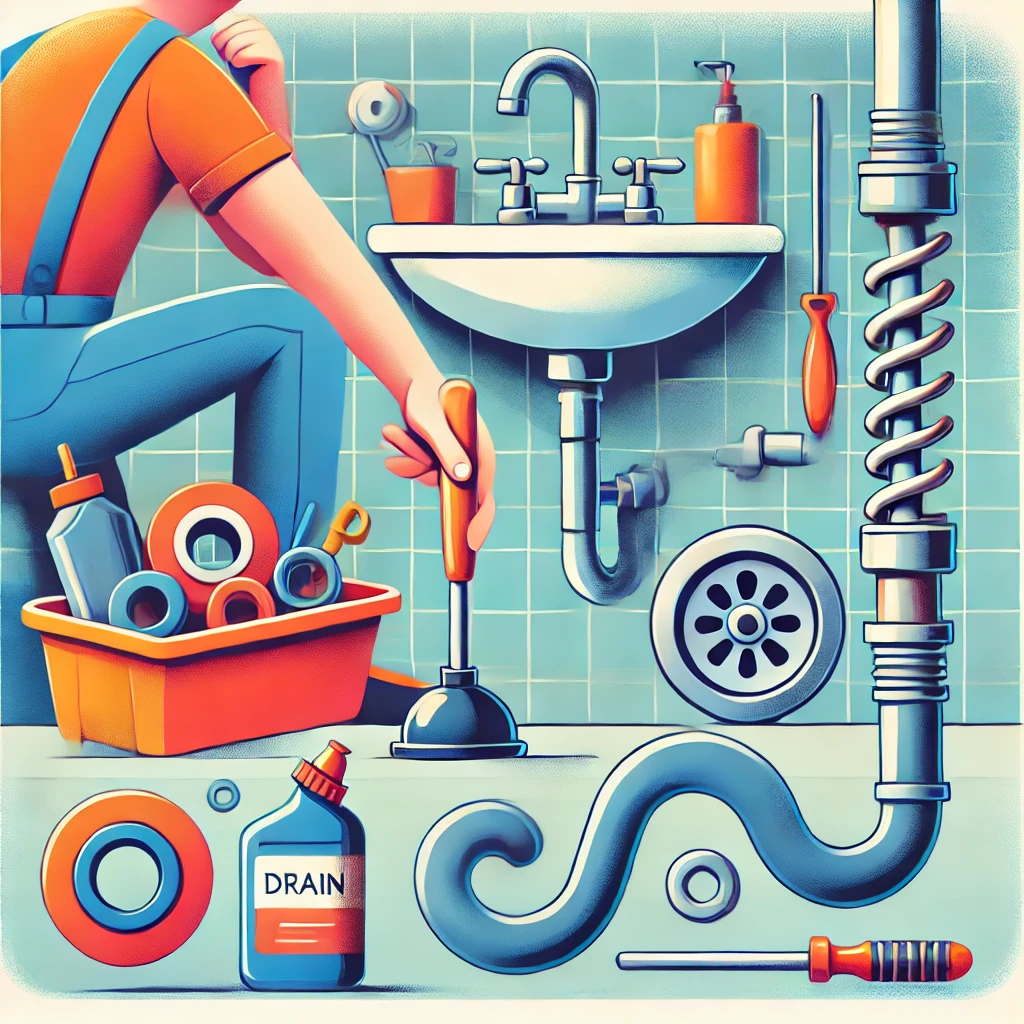 Czym udrożnić rury odpływowe? 1 dall·e 2024 09 06 180206 a colorful illustration for a blog post showing a person using tools like a plunger and a plumbers snake spiral to unclog a drain the scene includ