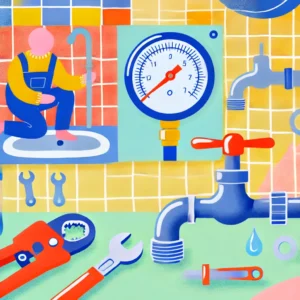 Porady 23 dall·e 2024 09 08 203303 a colorful illustration for a blog post showing a plumber inspecting a water pressure gauge and working on a water pipe to address low water pressure