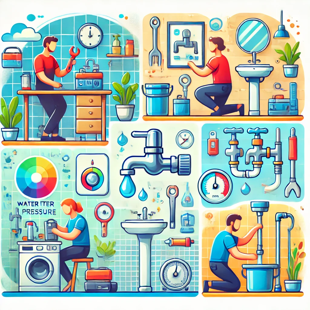 Domowe Sposoby na Podniesienie Ciśnienia Wody 1 dall·e 2024 09 17 174051 a colorful illustration for a blog post showing different home solutions to increase water pressure the scene includes a person checking a faucet ad