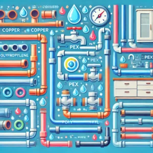 Porady 19 dall·e 2024 09 17 175819 a colorful illustration for a blog post showing different types of water pipes used in plumbing installations including copper pipes pex pipes poly